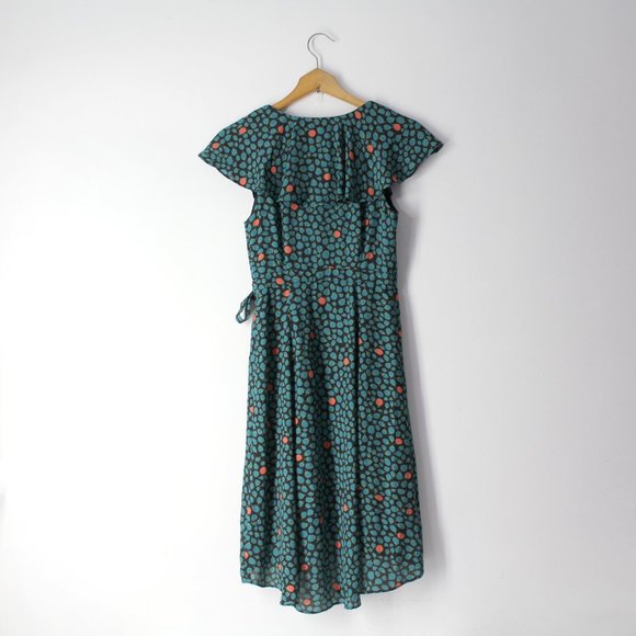 Anthropologie HD in Paris Dress Sz 0 Black Green Floral Faux Wrap ruffle V-neck - Picture 3 of 15